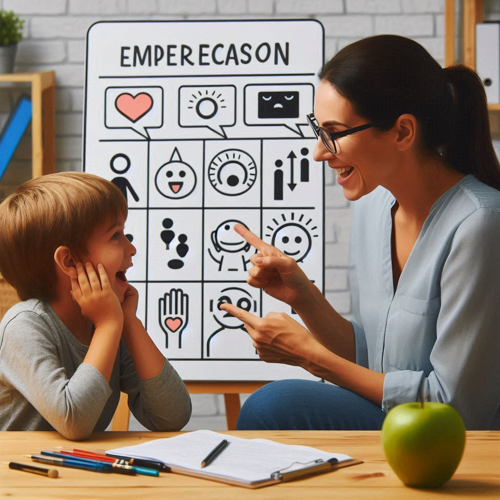 Docente usando pictogramas, para comunicarse con estudiante con TEA, apoyo emocional visible.