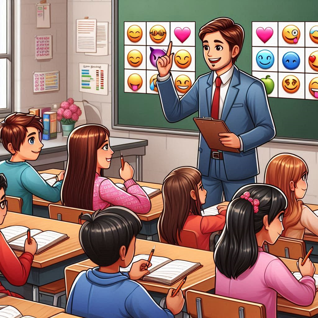 Escena donde una profesora guía a un grupo de estudiantes en una autoevaluación con emojis, caritas o colores, en un aula inclusiva.