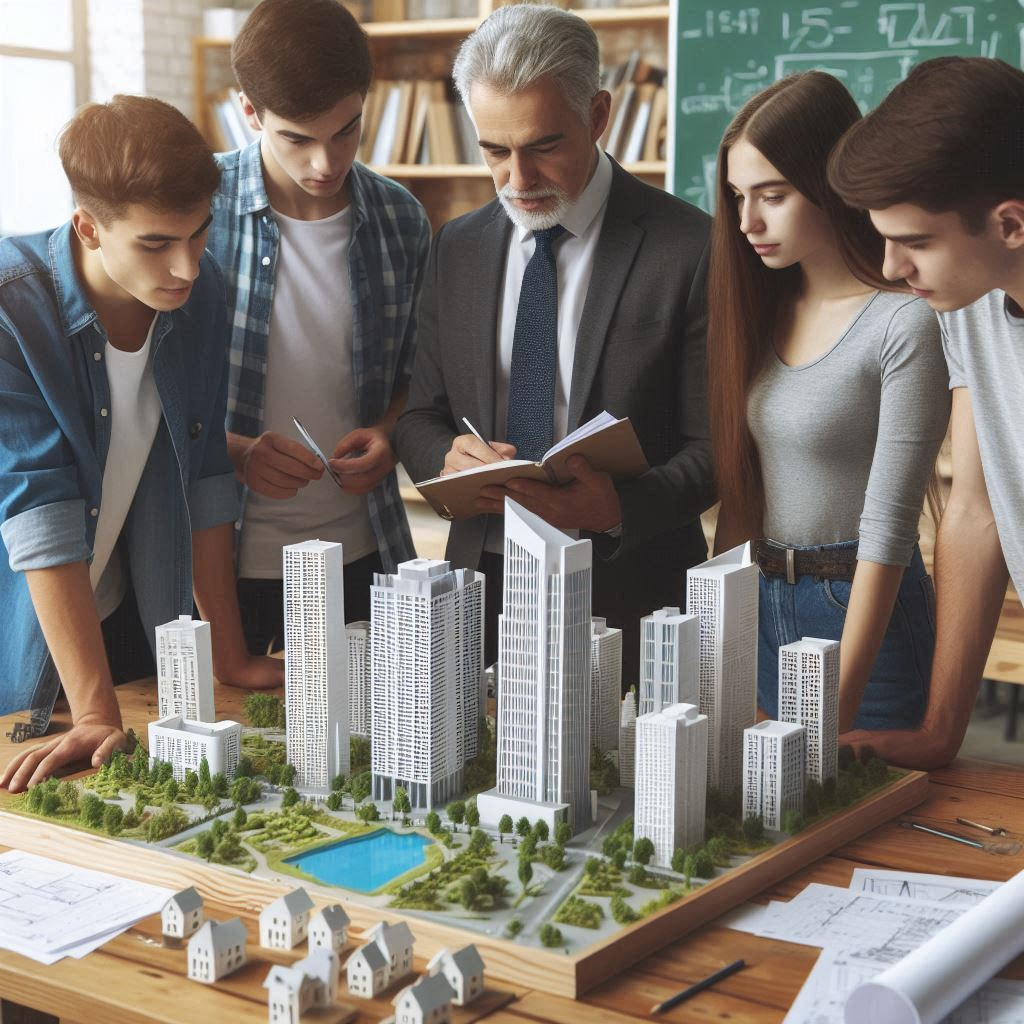 <br />
Estudiantes construyendo una maqueta de su ciudad ideal como parte de un proyecto de urbanismo sostenible, la profesora y otros profesores observando los resultados, Metodo ABP.