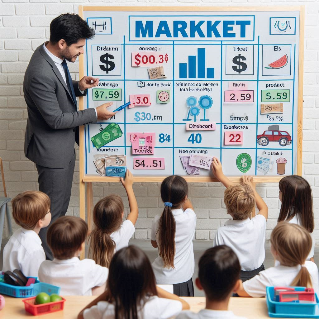 Niños en una clase simulando un mercado con billetes didácticos, precios, productos, y una docente guiando la actividad como parte de una estrategia de educación financiera escolar.